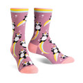 Crew socks in dusty rose featuring a pattern of panda unicorns riding rainbows.  Yellow, pink, and purple accents.