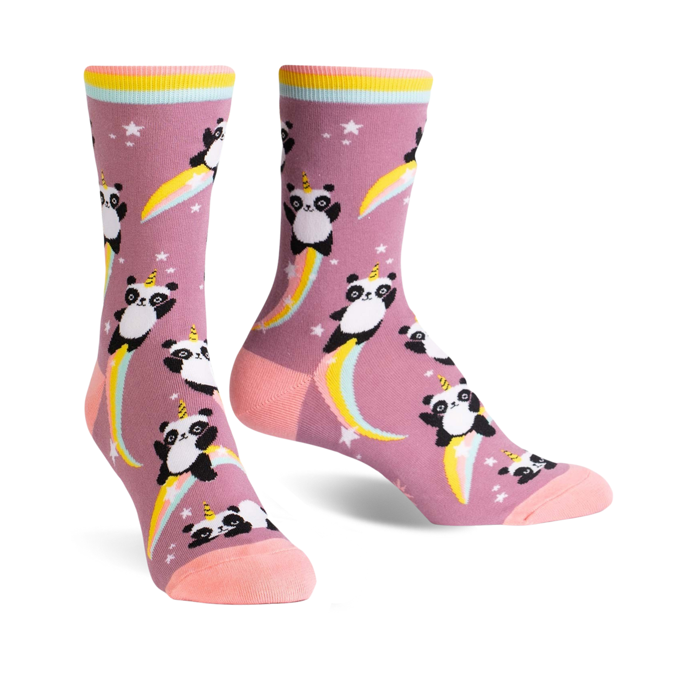 Crew socks in dusty rose featuring a pattern of panda unicorns riding rainbows.  Yellow, pink, and purple accents.