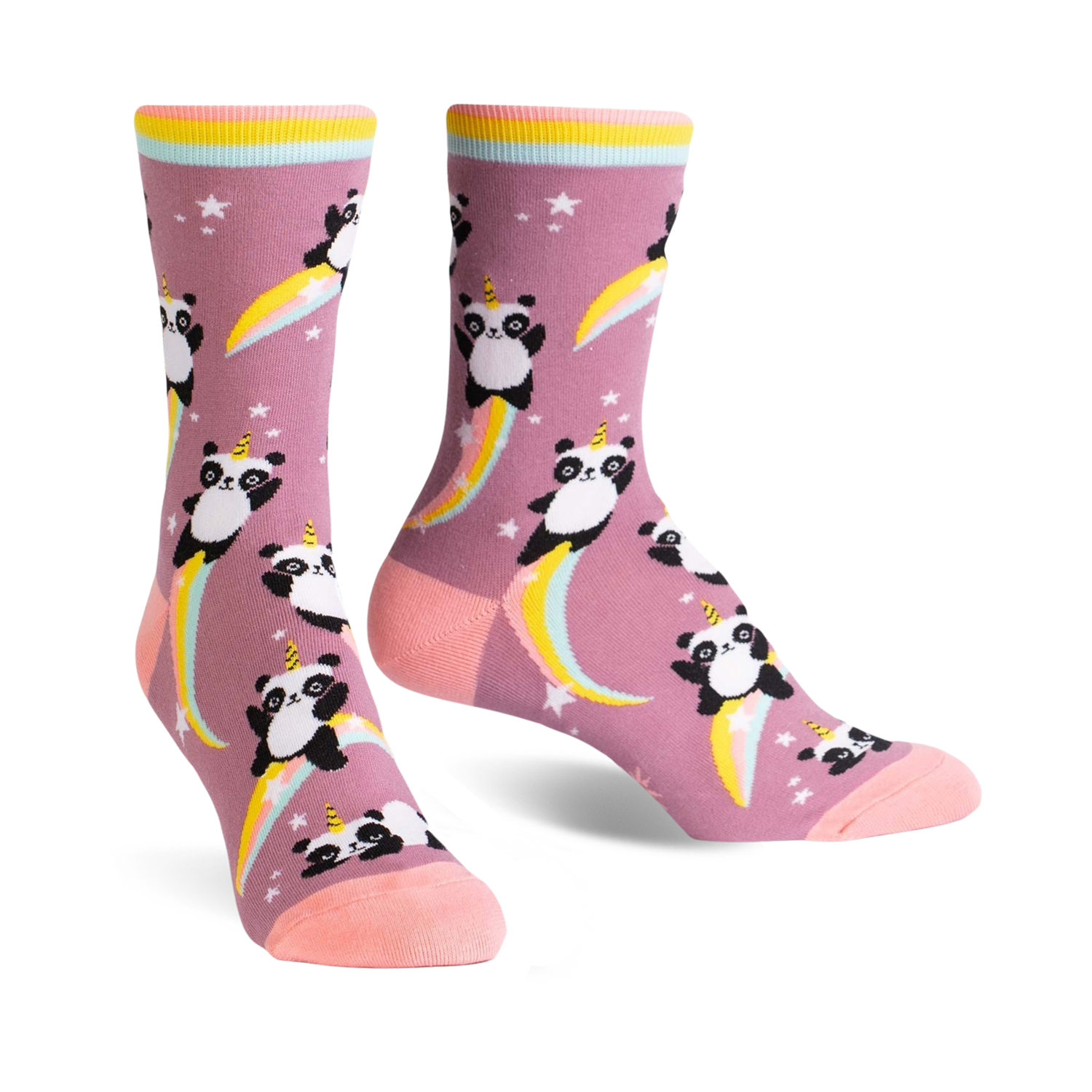Crew socks in dusty rose featuring a pattern of panda unicorns riding rainbows.  Yellow, pink, and purple accents.