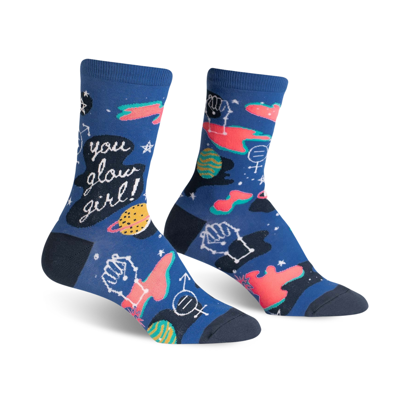 Pair of women's crew socks in navy blue. Features glow-in-the-dark planets, feminist symbols, and the text 'You Glow Girl!'