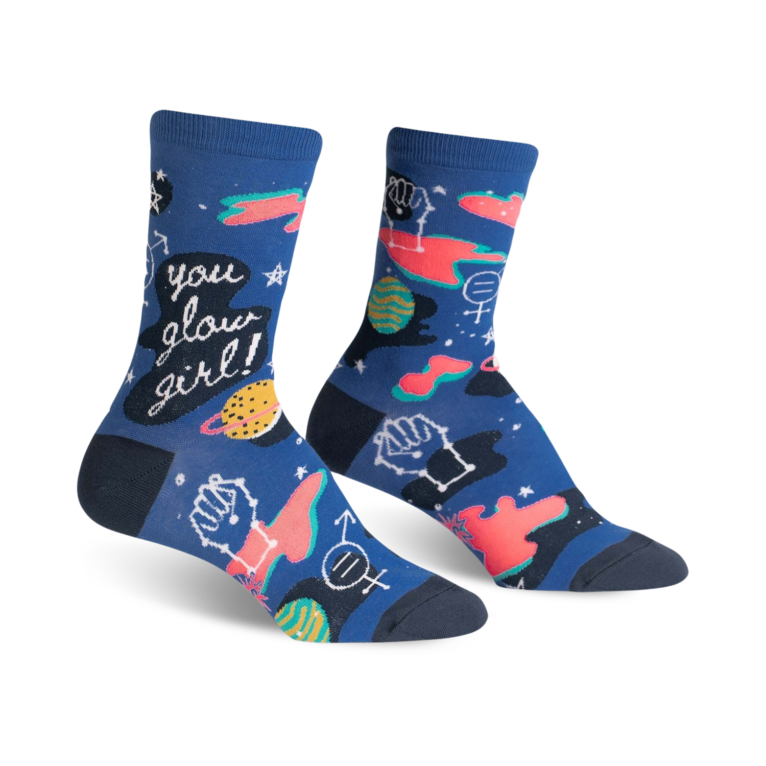 Pair of women's crew socks in navy blue. Features glow-in-the-dark planets, feminist symbols, and the text 'You Glow Girl!'