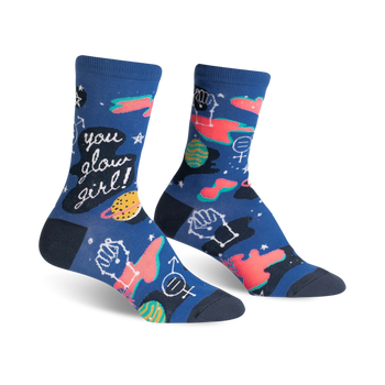 blue "you glow girl" crew socks with celestial bodies for women.  