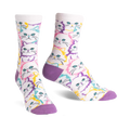 Pair of crew socks with a white background and repeating pattern of pastel-colored cat faces in purple, pink, and yellow.