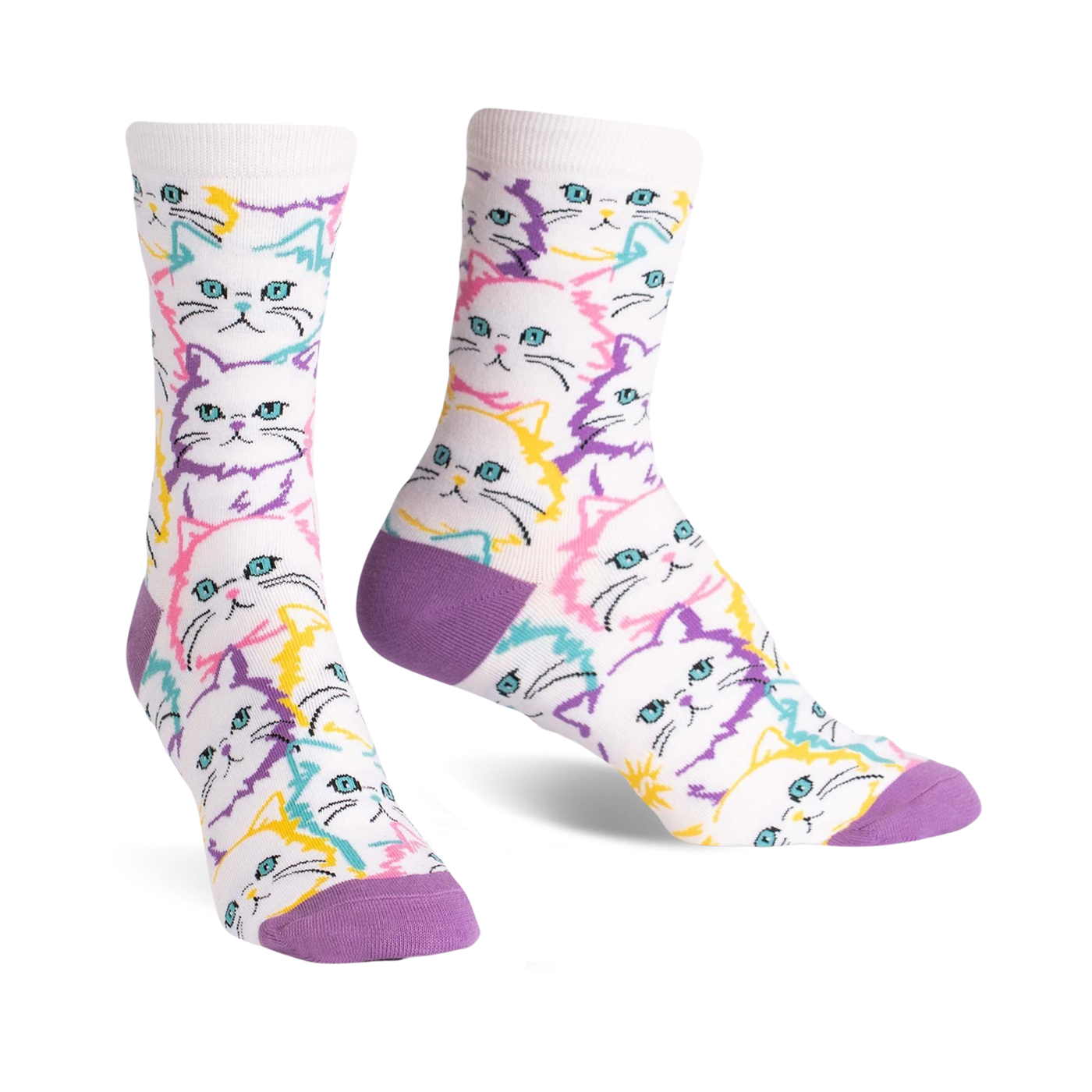 Pair of crew socks with a white background and repeating pattern of pastel-colored cat faces in purple, pink, and yellow.