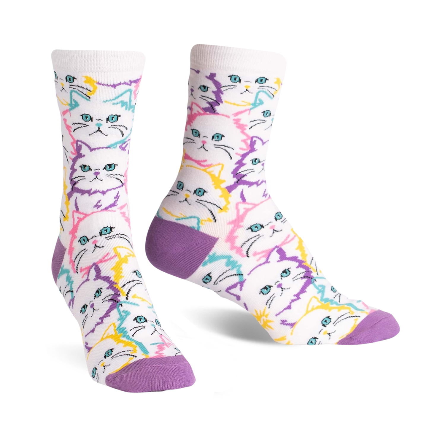 Pair of crew socks with a white background and repeating pattern of pastel-colored cat faces in purple, pink, and yellow.