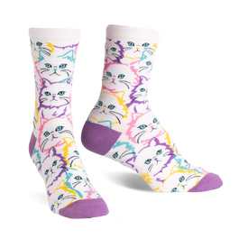  white crew socks with colorful cartoon cat face pattern. perfect for cat lovers.  