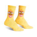A pair of women's crew socks in yellow with a repeating honeycomb pattern.  A central design shows a bee in an ornate frame with pink flowers.