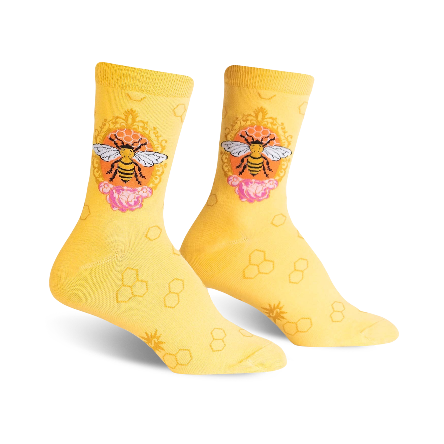 A pair of women's crew socks in yellow with a repeating honeycomb pattern.  A central design shows a bee in an ornate frame with pink flowers.