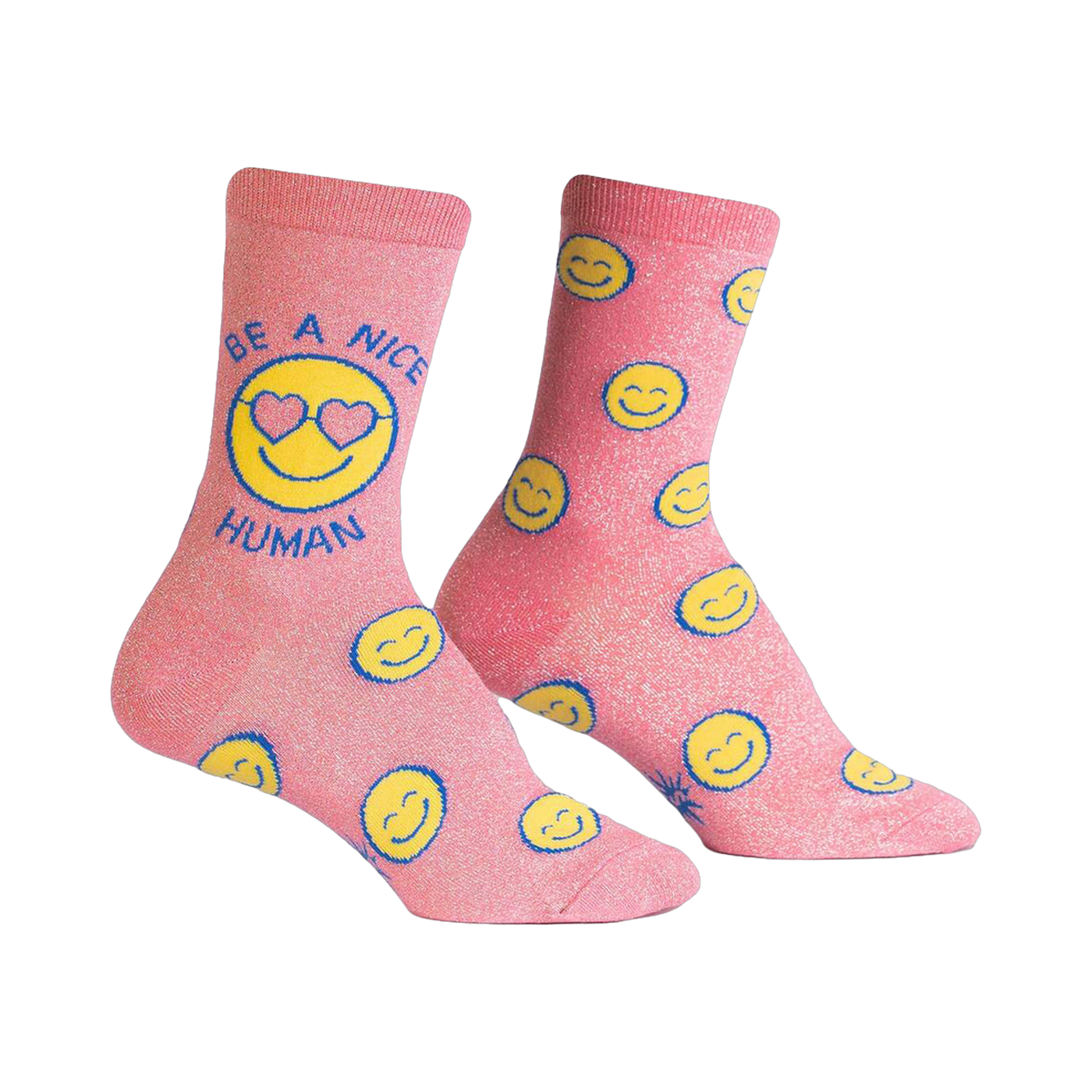 Crew socks in pink with glitter.  The design features yellow smiley faces and the phrase 'Be a Nice Human' on one sock.