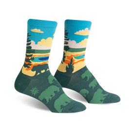 pine tree and bear patterned crew socks with blue and yellow sky section.  