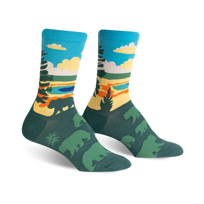 pine tree and bear patterned crew socks with blue and yellow sky section.   }}