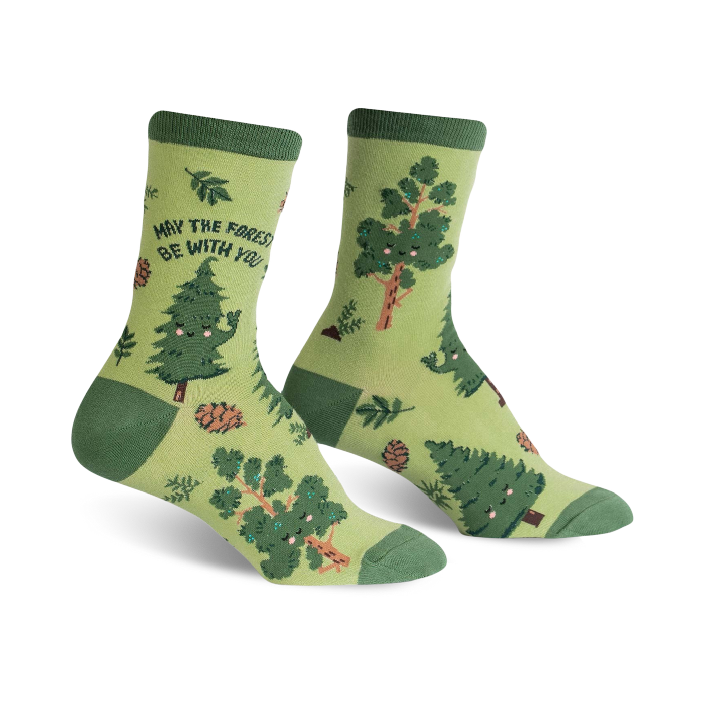 Crew socks in green and brown featuring happy cartoon trees, pine cones, and leaves.  The text 'May the Forest Be With You' is on one sock.