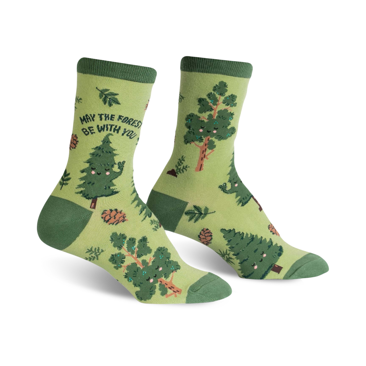 Crew socks in green and brown featuring happy cartoon trees, pine cones, and leaves.  The text 'May the Forest Be With You' is on one sock.