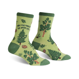 womens crew socks with pine trees and may the forest be with you text.   