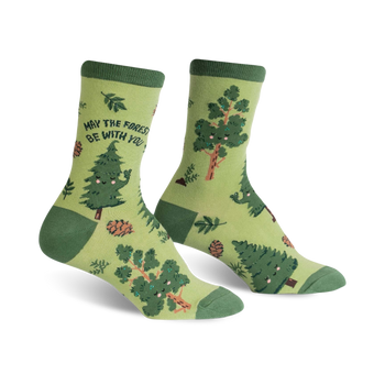 womens crew socks with pine trees and may the forest be with you text.   