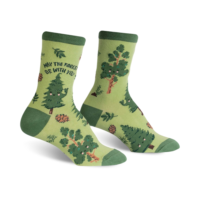 womens crew socks with pine trees and may the forest be with you text.    }}