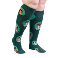 Lifestyle photo showcasing the teal knee-high 'Horsing Around' socks on a person's legs.