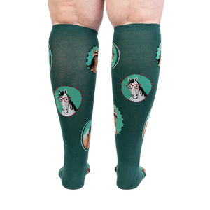 Close-up view of the back of the 'Horsing Around' socks, highlighting the teal color and horse design.