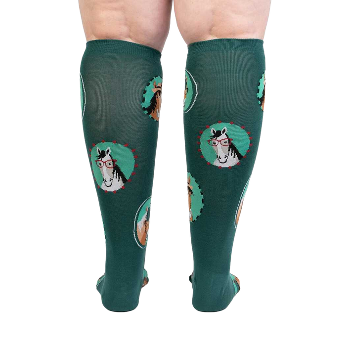 Close-up view of the back of the 'Horsing Around' socks, highlighting the teal color and horse design.