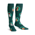 Pair of teal knee-high socks with a repeating pattern of horses wearing hats and glasses in circular frames.