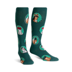 Pair of teal knee-high socks with a repeating pattern of horses wearing hats and glasses in circular frames.