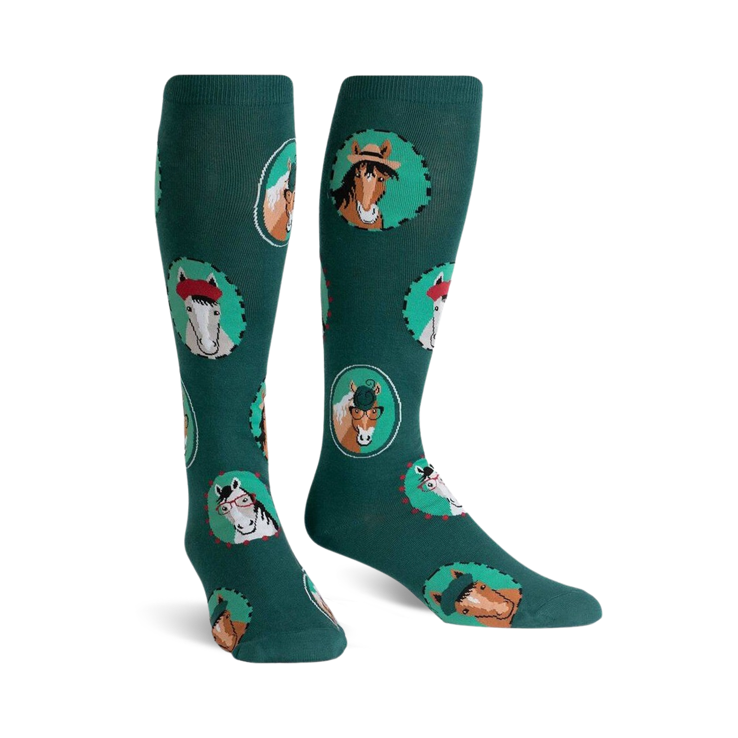 Pair of teal knee-high socks with a repeating pattern of horses wearing hats and glasses in circular frames.