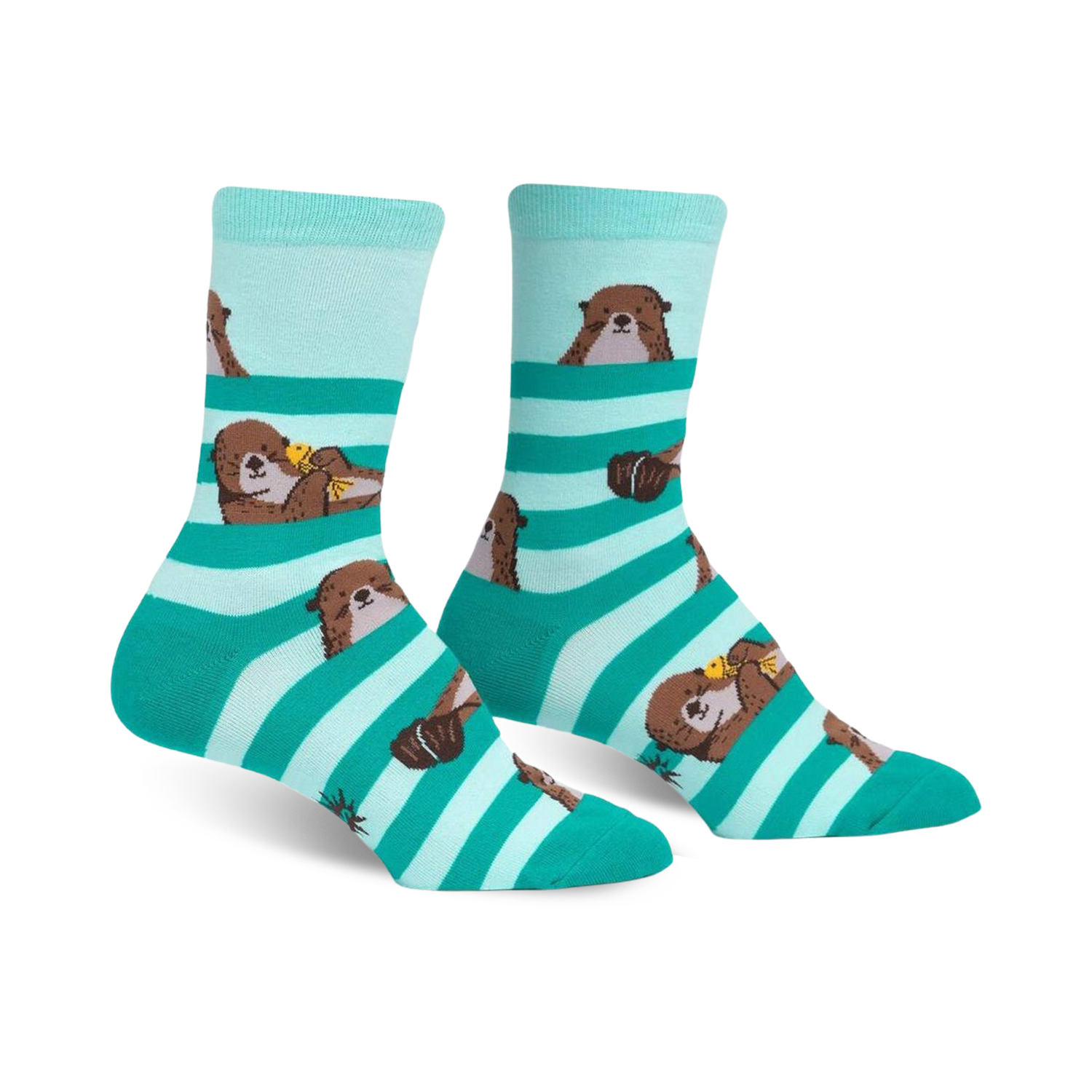 Crew socks in teal and mint green stripes featuring adorable otter designs. Otters are shown peeking from behind the stripes.