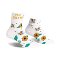 Pair of white ankle socks with a 'Yas Queen!' slogan, buzzing bees, and sunflowers.  Cute and comfy!