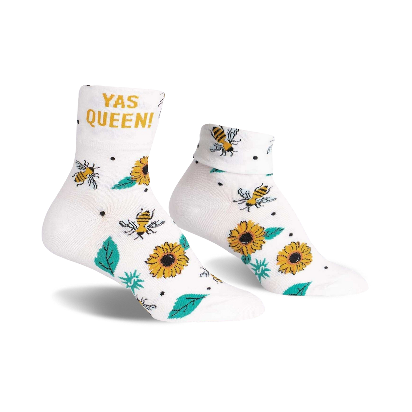 Pair of white ankle socks with a 'Yas Queen!' slogan, buzzing bees, and sunflowers.  Cute and comfy!