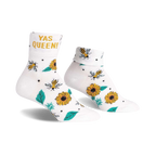 Pair of white ankle socks with a 'Yas Queen!' slogan, buzzing bees, and sunflowers.  Cute and comfy!