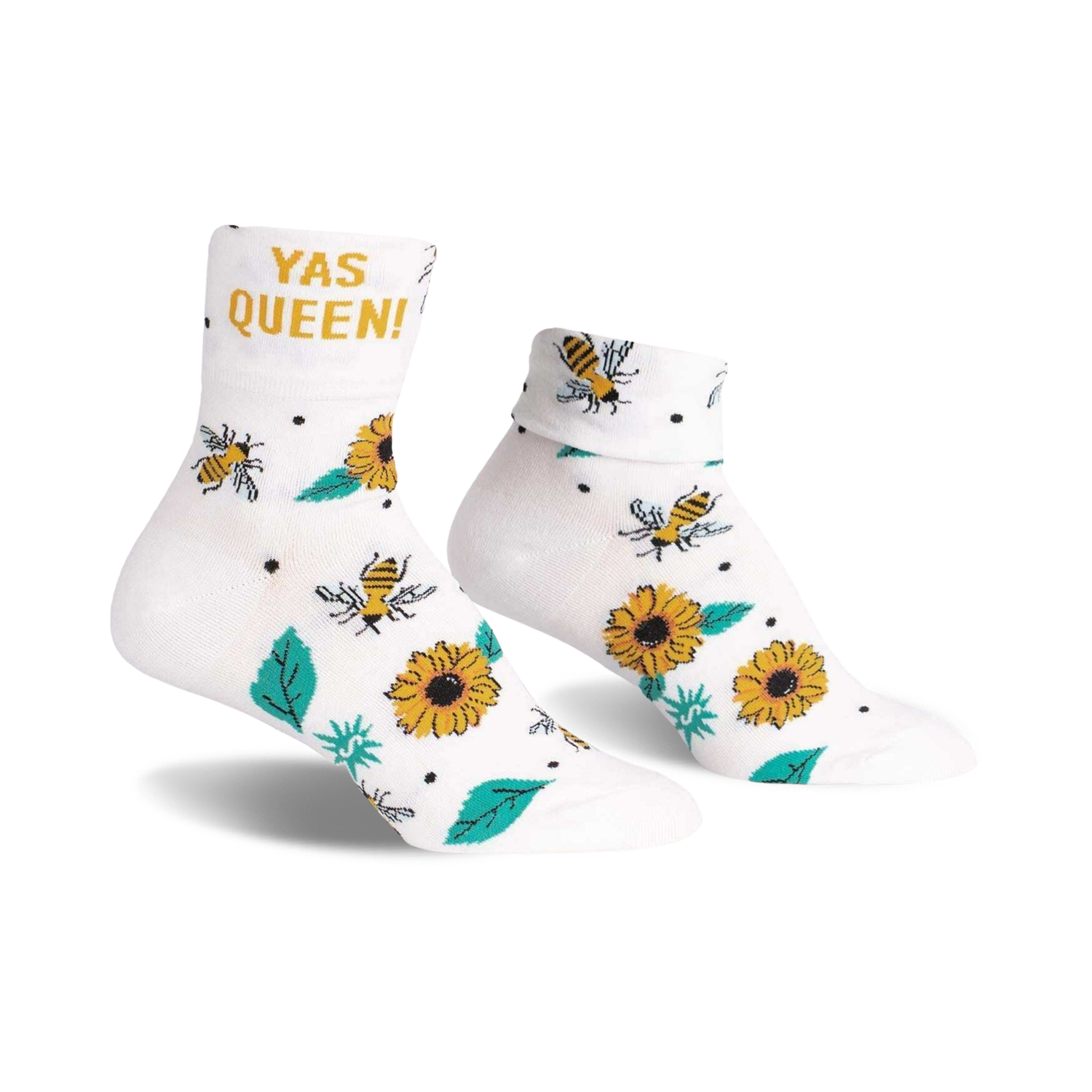 Pair of white ankle socks with a 'Yas Queen!' slogan, buzzing bees, and sunflowers.  Cute and comfy!
