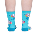 Back view of the teal cat-donut socks. Shows the sock's full design from the rear.