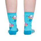 Back view of the teal cat-donut socks. Shows the sock's full design from the rear.