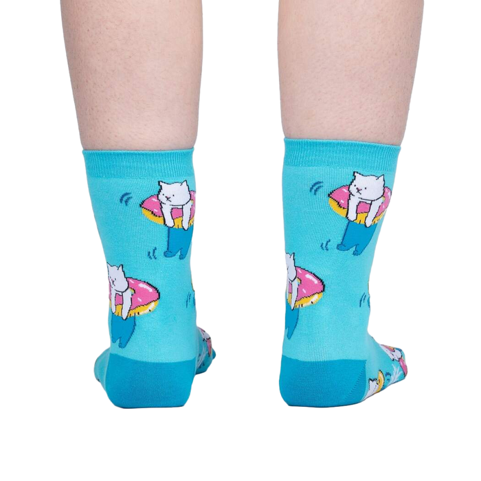Back view of the teal cat-donut socks. Shows the sock's full design from the rear.