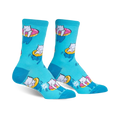 Crew socks in teal featuring a pattern of white cats riding pink donut inner tubes. 