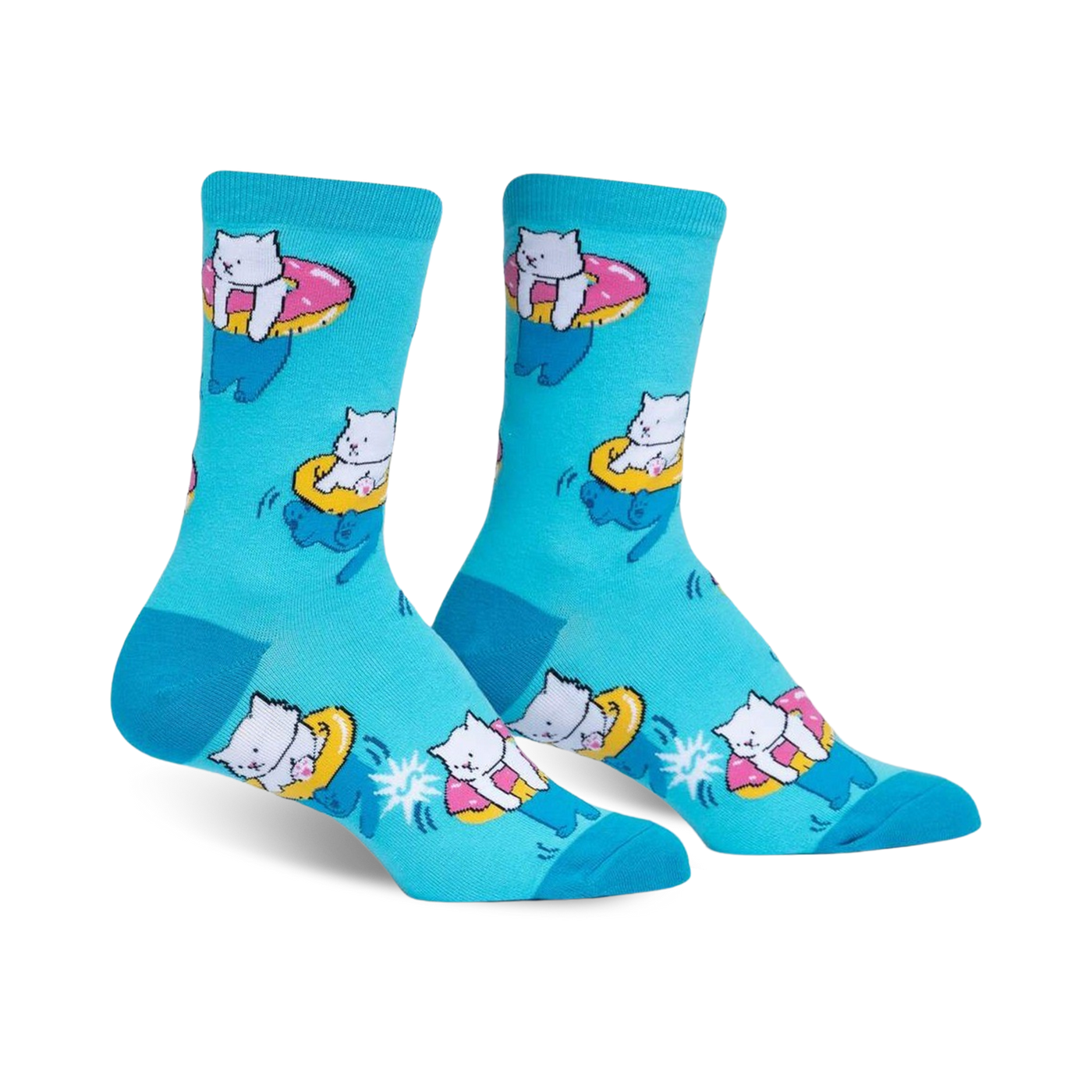 Crew socks in teal featuring a pattern of white cats riding pink donut inner tubes. 