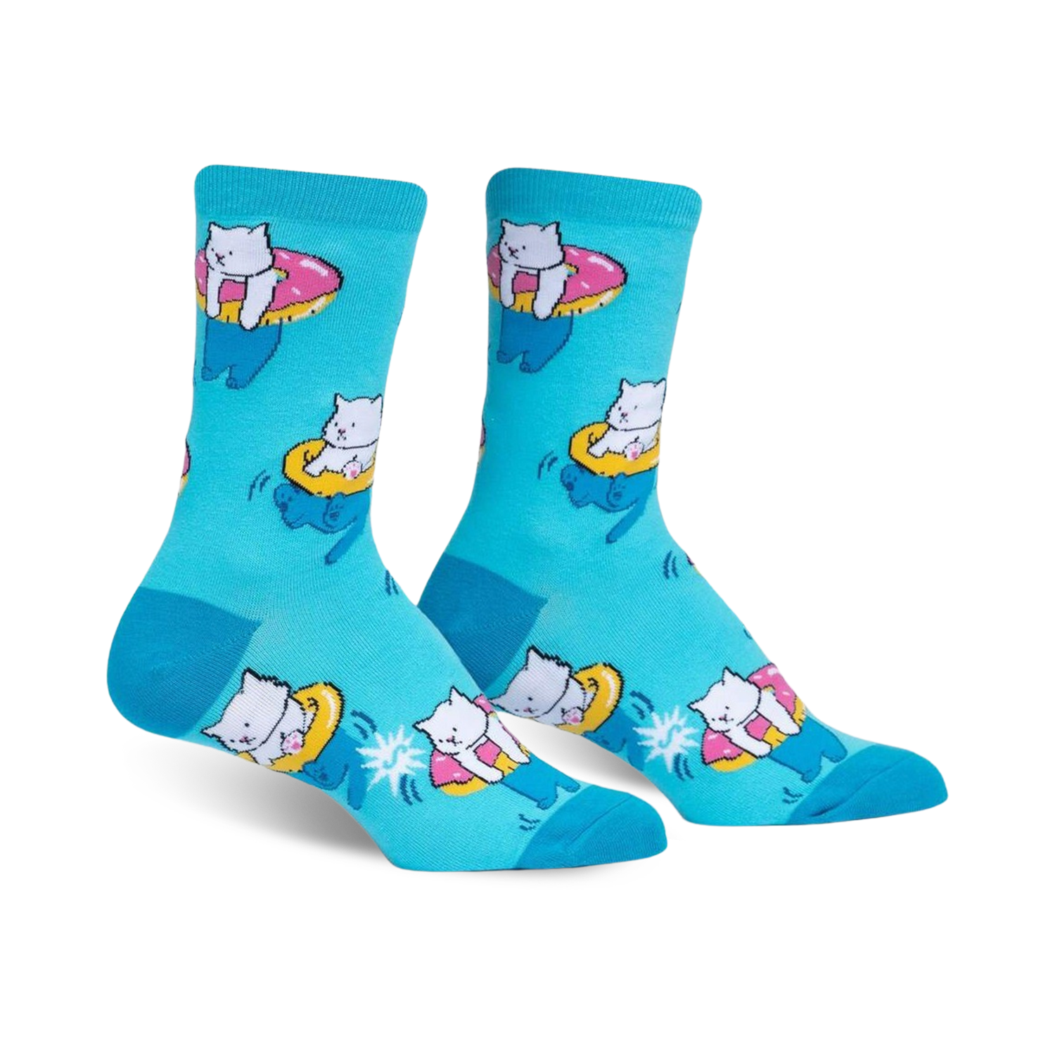 Crew socks in teal featuring a pattern of white cats riding pink donut inner tubes. 