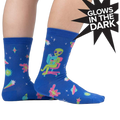 Lifestyle shot of a person wearing the InterGalactic Reading List socks, showing how they look on feet.