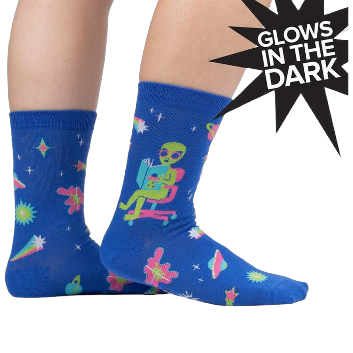 Lifestyle shot of a person wearing the InterGalactic Reading List socks, showing how they look on feet.