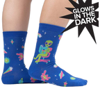 Lifestyle shot of a person wearing the InterGalactic Reading List socks, showing how they look on feet.
