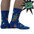 Lifestyle shot of the socks glowing in the dark, highlighting the glow-in-the-dark feature.