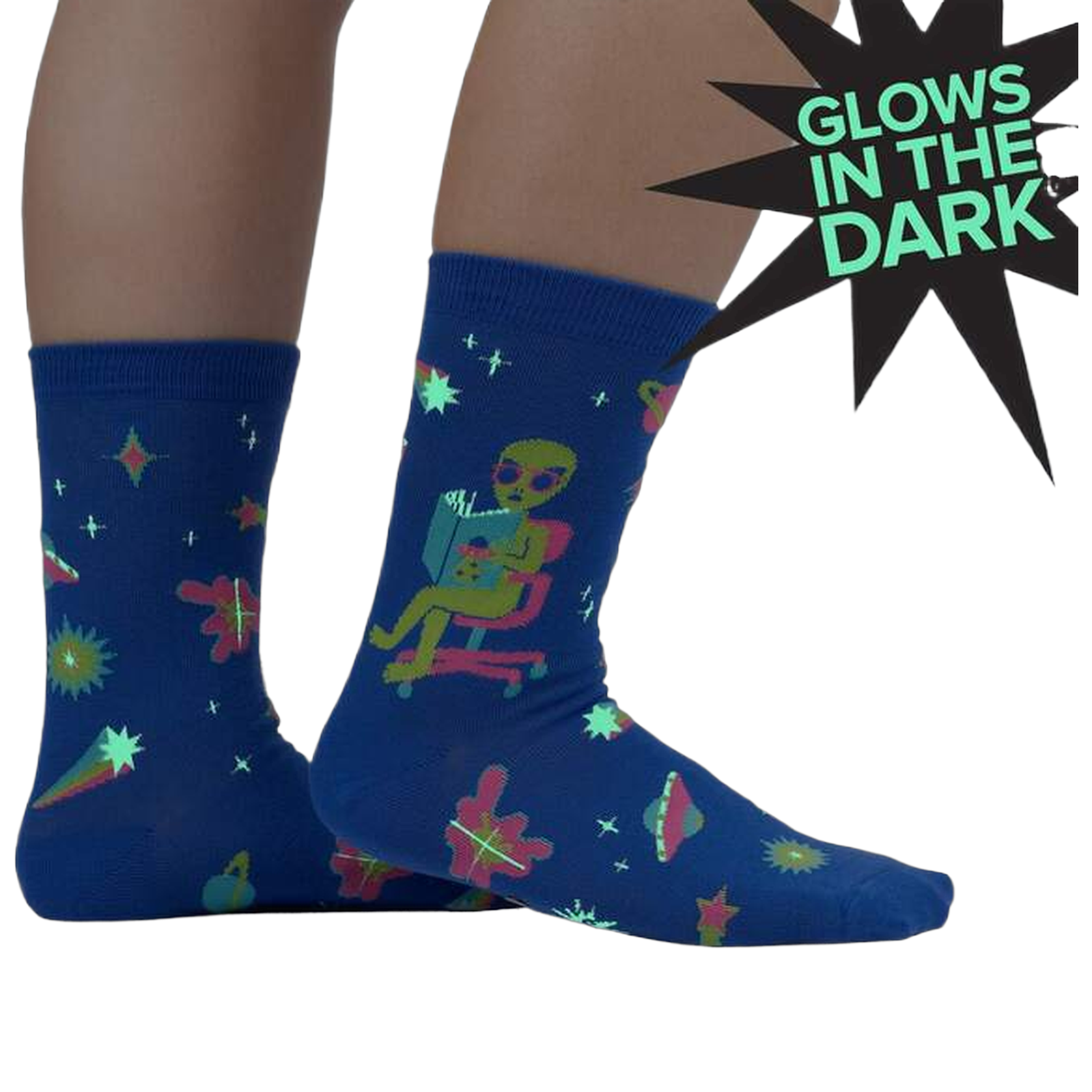 Lifestyle shot of the socks glowing in the dark, highlighting the glow-in-the-dark feature.