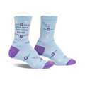 Pair of light blue crew socks with purple cuffs. Features a 'Kick some ass today, honey' message and small floral accents.