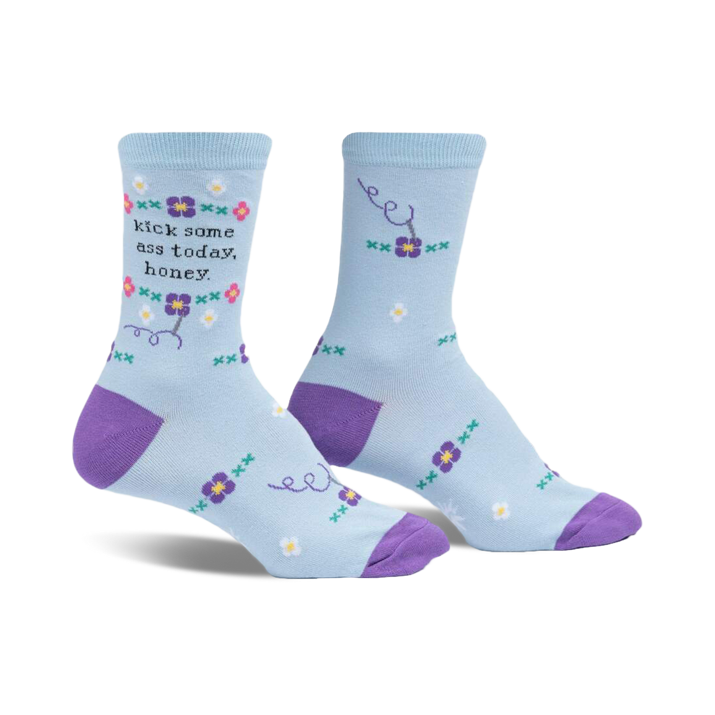 Pair of light blue crew socks with purple cuffs. Features a 'Kick some ass today, honey' message and small floral accents.