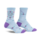 Pair of light blue crew socks with purple cuffs. Features a 'Kick some ass today, honey' message and small floral accents.