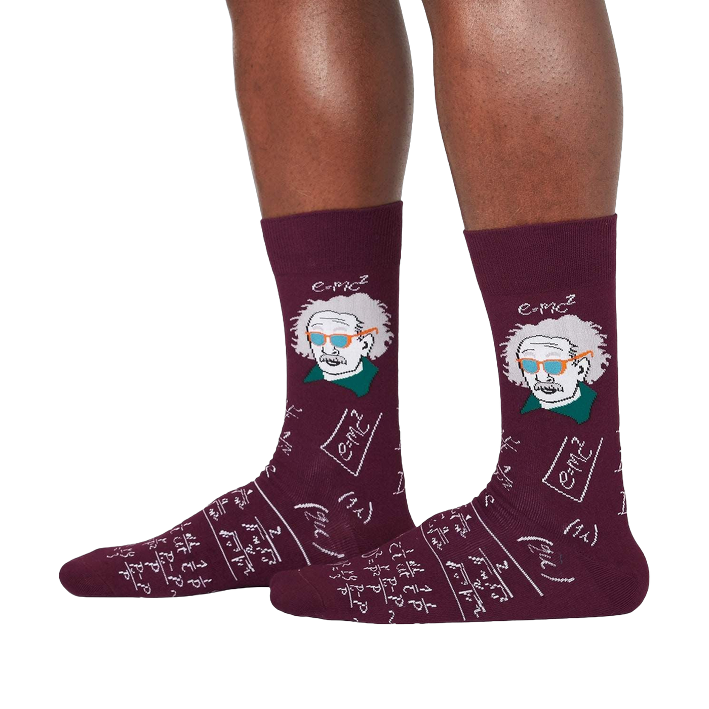Flat lay: Pair of maroon Einstein socks.