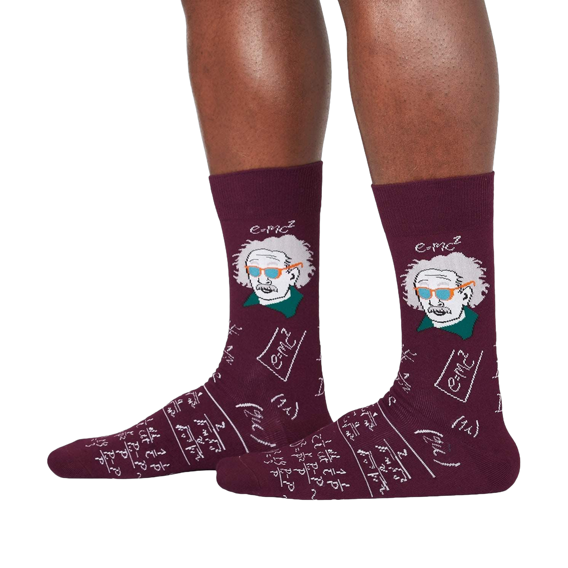 Flat lay: Pair of maroon Einstein socks.