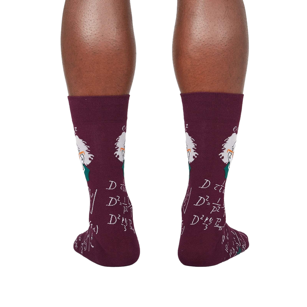 Close-up detail shot of maroon Einstein sock.