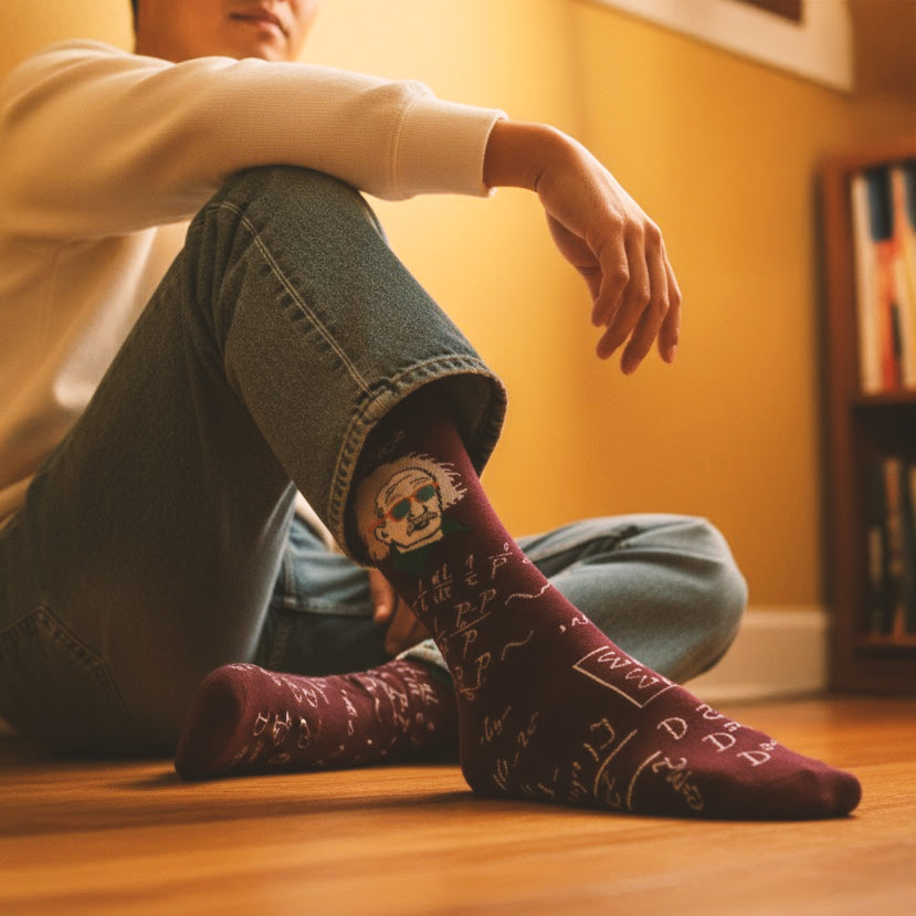 [lf] Person sitting on floor, wearing jeans and maroon socks with Einstein and formulas.