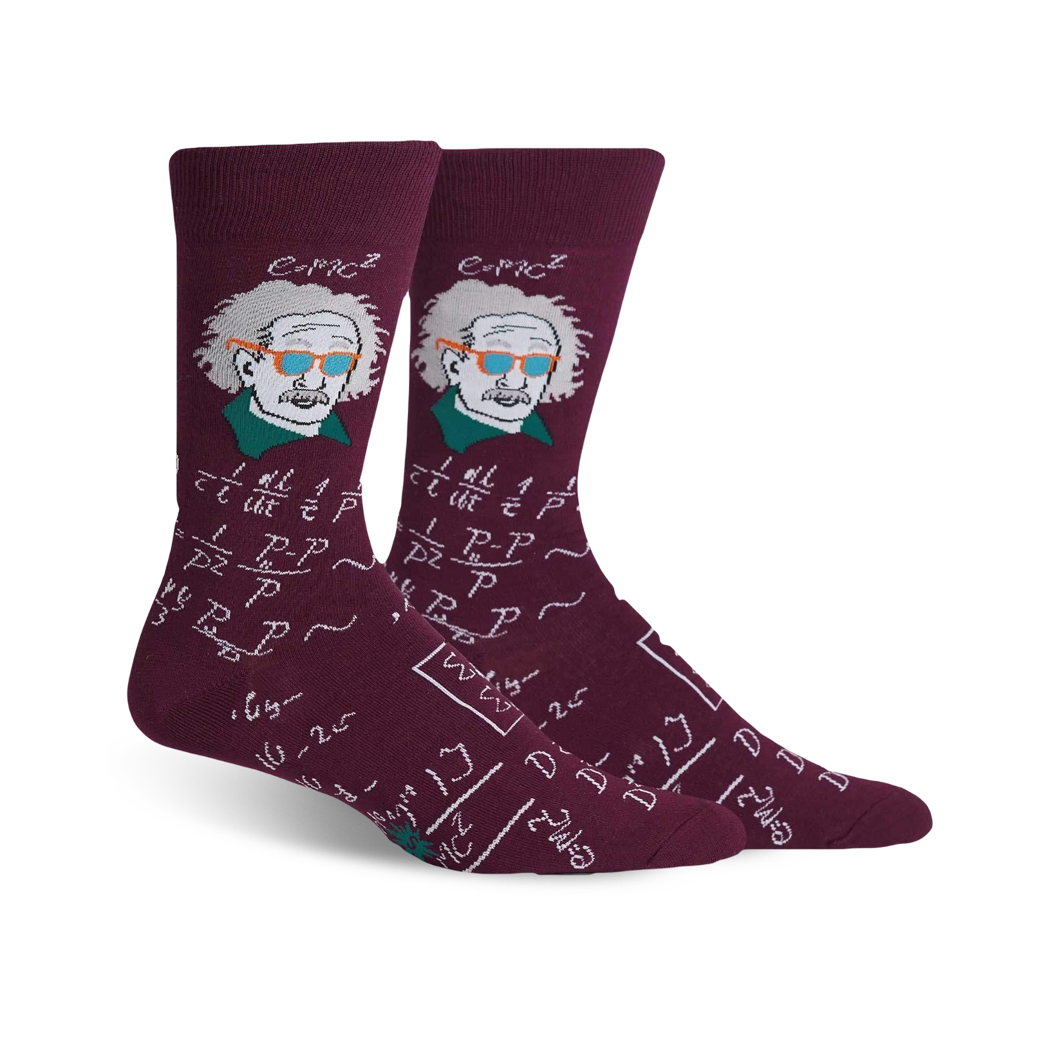 Pair of crew socks; maroon, blue, or black with Einstein's portrait, equations, and quirky sunglasses.